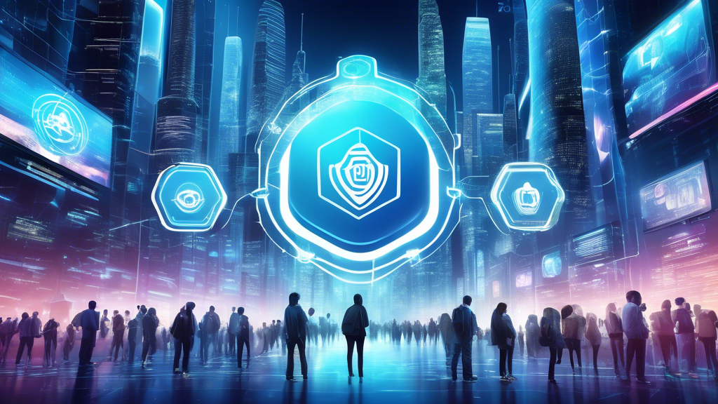 Create an image that showcases a futuristic urban setting with advanced technology, featuring WiZ Cybersecurity's emblem prominently displayed on holographic billboards and digital devices. Highlight a diverse group of people using these devices confidently, symbolizing safety and protection. Include visual elements like secure data streams, locks, and shields integrated into the technology, emphasizing a secure digital environment.