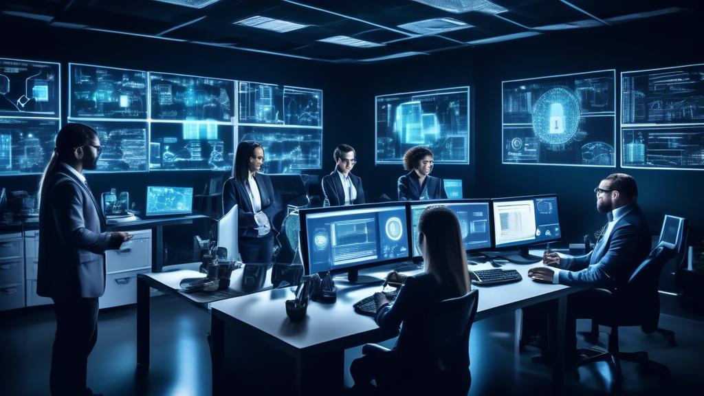 Create an image of a diverse team of IT professionals conducting a comprehensive cyber security audit in a high-tech office. Show various elements like computer screens displaying security analytics, data servers, firewall logs, and technical blueprints. Include visual symbols of security such as locks, shields, and warning icons, all set within a modern, professional environment to emphasize the importance of thorough cyber security measures.