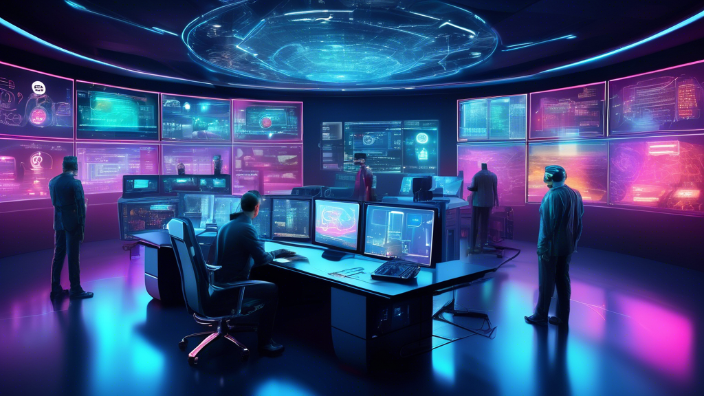 Create an image depicting a futuristic control room with advanced computer systems and holographic displays. Highlight the logos of the top 10 cybersecurity companies of 2023 listed on transparent screens. Include a diverse group of cybersecurity professionals actively monitoring and responding to cyber threats. The setting should be high-tech, modern, and full of vibrant colors.