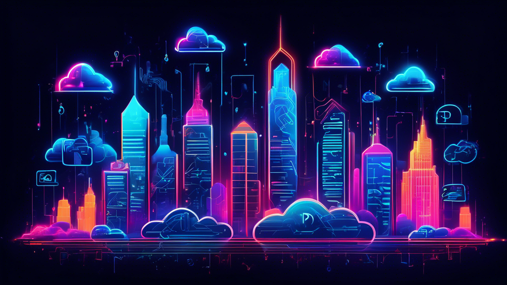 An ultra-modern cityscape showcasing top cloud security company logos as towering shielded skyscrapers, with advanced data protection icons like locks and firewalls floating in the sky. Digital data streams represented by vibrant neon lines weave securely through the buildings, symbolizing enhanced security in 2023.