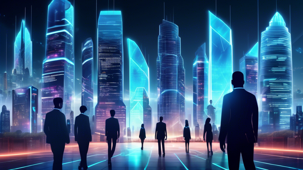 Create an image of a sleek, futuristic cityscape at night with glowing skyscrapers. Each building represents different top cyber security firms, with their logos illuminated on the buildings. In the foreground, show holographic shields and firewall grids protecting the city, symbolizing digital security. People are walking around the city, looking confident and safe due to the visible cyber protection. The sky is filled with digital code and abstract data streams, emphasizing the digital aspect of their world.