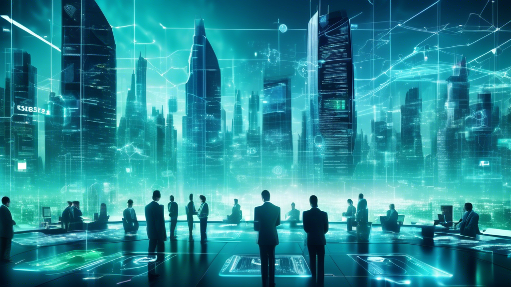 Create an image of a futuristic cityscape with sleek skyscrapers adorned with logos of leading network security companies. The skyline is dotted with holographic advertisements showcasing cutting-edge cybersecurity technologies. In the foreground, a diverse group of professionals are engaged in high-tech security operations from a sleek control center, with digital interfaces and secure servers in the background. Blue and green hues dominate the scene, symbolizing cyber defense and technological progress in 2023.