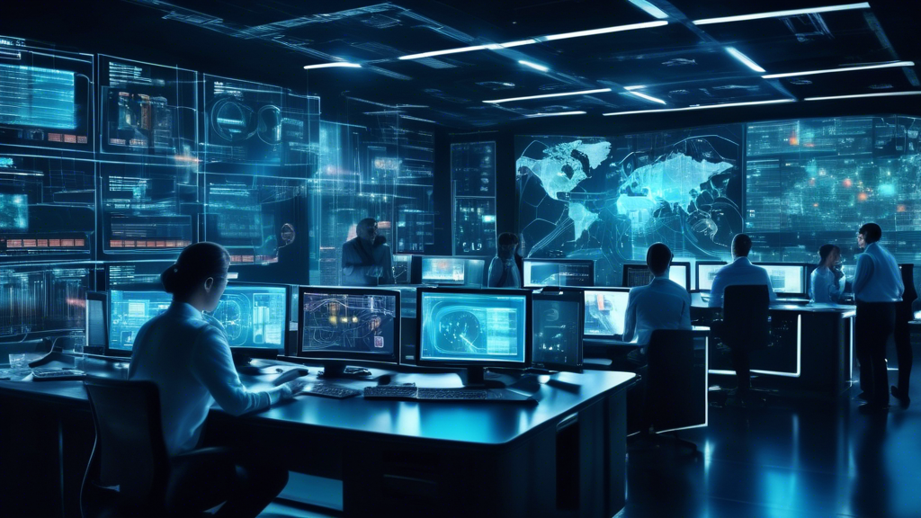 Create an image showcasing a futuristic, high-tech control room with multiple large screens displaying network security data and analytics. Cybersecurity professionals in the room are intently monitoring and analyzing data. The prominent elements should include holograms, digital graphs, virus scans, and firewalls actively working to block threats. Logos or badges of top network security service providers can be subtly integrated into the screens or on the professionals' uniforms for branding. The overall scene should convey a sense of advanced technology and robust cyber protection.