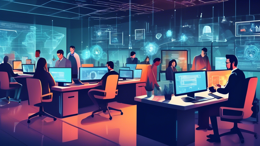 Create an illustration depicting a high-tech office environment where cybersecurity professionals are actively engaged in various protective measures. Show elements like firewalls, encryption, virus scanning, and multi-factor authentication. Include images of people collaborating at desks with screens showing secure digital networks, as well as symbolic representations of cyber threats being blocked. The overall atmosphere should be one of vigilance and technological sophistication.