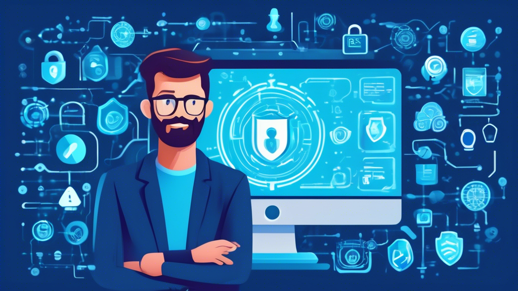 Create a digital illustration showing a friendly and approachable cyber security expert in front of a computer, surrounded by various cyber security elements like locks, shields, and encrypted codes. Include icons representing antivirus software, firewalls, and secure passwords. The background should display a calming and educational vibe, with soft blue tones and educational text overlays like 'Stay Safe Online' and 'Protect Your Data.'