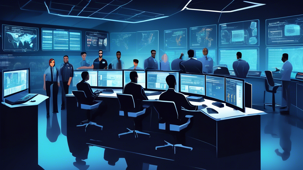 Create a detailed illustration of a cyber security team in a high-tech control room, actively monitoring and responding to a cyber incident. Include screens displaying data analytics, threat alerts, and a timeline of incident response stages. Integrate elements from the NIST Cybersecurity Framework, such as a flowchart showing the steps: Preparation, Detection and Analysis, Containment, Eradication, and Recovery. Add a small inset showing a guidebook titled NIST Incident Response on a desk, emphasizing the structured approach.