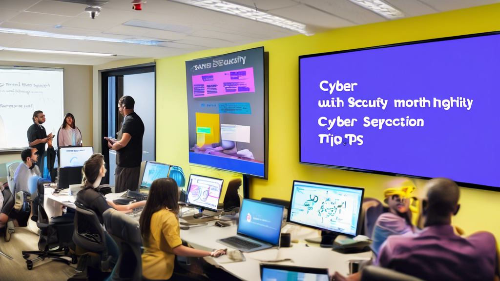 Create an image featuring a vibrant office setting with employees engaged in various cyber security activities. One group is gathered around a whiteboard brainstorming cyber security tips, while another is attentively watching a presentation on a large screen with the words Cyber Security Month: Tips and Insights. In the background, a banner is prominently displayed, celebrating Cyber Security Month with images of digital locks, shields, and check marks. The overall mood is collaborative and educational, emphasizing awareness and proactive measures in cyber security.