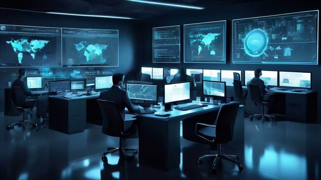 Generate an image of a sophisticated command center with multiple monitors displaying various cyber security dashboards, charts, and real-time data analytics. Highlight one of the monitors showcasing the Splunk logo and its interface. Include a team of cybersecurity experts collaborating and analyzing data in a high-tech, futuristic office environment.