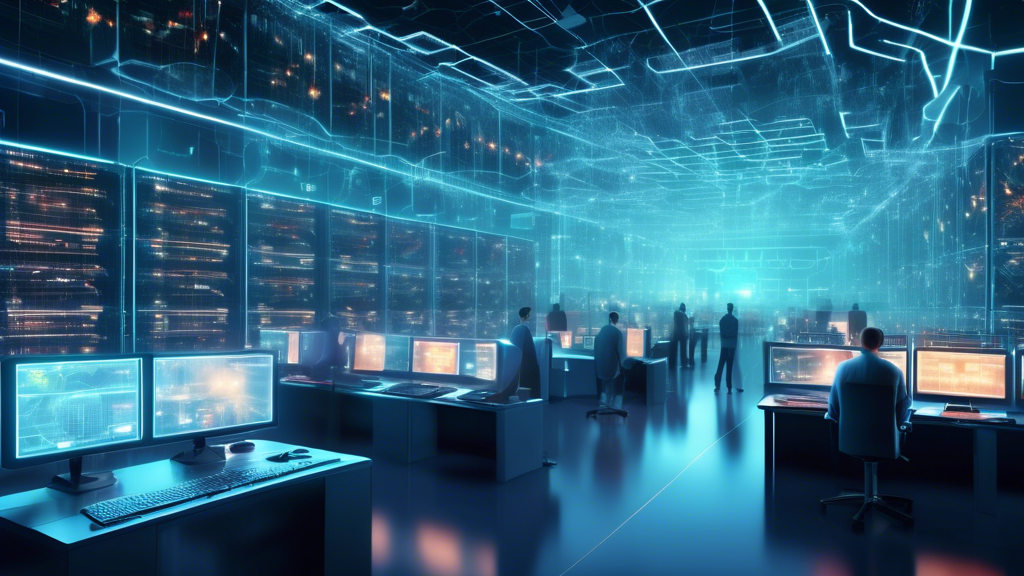 Digital illustration of a futuristic data center with multiple layers of cloud security. Visible are firewalls, encrypted data streams, AI security bots, and holographic shields. Technicians monitor the network on large screens displaying security metrics, and the environment exudes a high-tech, secure atmosphere demonstrating advanced network and cloud protection strategies and best practices.