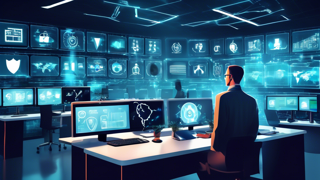 Create an image of a high-tech office environment where professionals are monitoring multiple screens displaying data and security alerts. In the foreground, a central figure is confidently managing and organizing digital defenses, symbolizing managed cyber security services. Integrate elements like firewalls, data encryption symbols, and shield icons to emphasize protection. The overall mood should be proactive and vigilant.