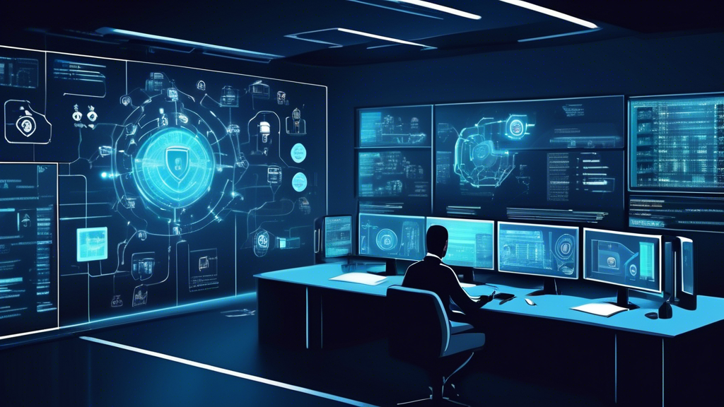 Create an image illustrating the concept of privilege access management (PAM) cybersecurity. Depict a high-tech control room with various digital security interfaces, complex network diagrams, and a team of IT professionals actively monitoring and managing systems. Include visual elements like digital locks, encryption symbols, and a central dashboard displaying alerts and access logs to emphasize the importance of security and best practices in managing privileged access.