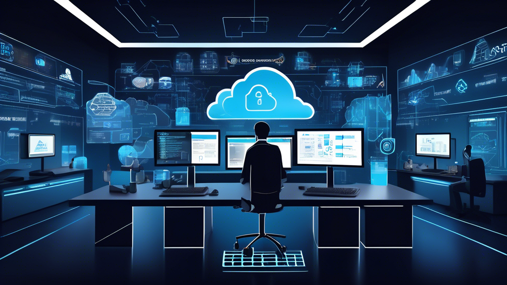 Create an illustration of a high-tech, cloud-based security command center labeled AWS Cyber Security. The command center is filled with advanced monitors displaying graphs, alerts, and data streams symbolizing real-time security analytics. Include diverse professionals, such as security experts, analysts, and engineers, collaborating and monitoring the screens. Display visible icons like locks, shields, and cloud symbols to represent security measures. Surrounding the central command, integrate abstract representations of key strategies such as multi-factor authentication, encrypted data, firewalls, and automated threat detection intertwining with the cloud infrastructure. The overall atmosphere should convey a robust, futuristic, and highly secure environment.