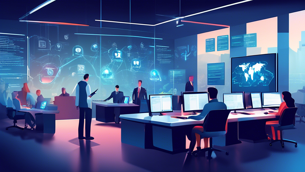 Create a detailed illustration of a high-tech office environment where professionals are actively engaging with cyber security protocols. Include elements such as computer screens with code, padlocks, and ISO certification documents. Emphasize the theme of security and collaboration with workers discussing or presenting information about ISO cyber security standards. The setting should convey a sense of modernity and technical proficiency.