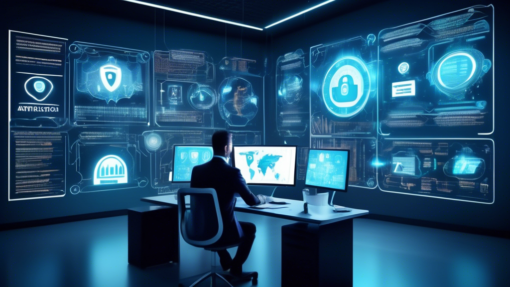 Create a highly detailed image depicting a modern office environment where employees are surrounded by digital security features. The office has futuristic elements, with holographic screens displaying security protocols, shield icons, and encrypted data symbols. In the foreground, a professional in business attire is seen interacting with a touch screen that shows various cyber protection strategies like firewalls, antivirus software, and secure cloud storage. The atmosphere should convey a sense of advanced technology seamlessly integrating with everyday business operations.