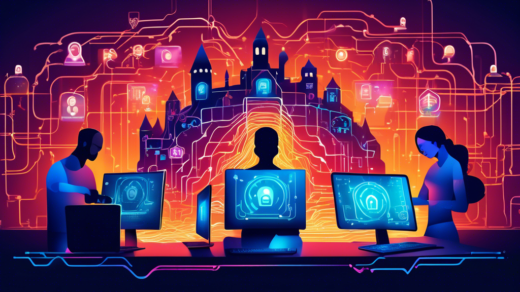 A vibrant, modern illustration of a diverse group of people working on laptops and desktop computers, surrounded by a digital fortress made of glowing, interconnected lines and padlocks, symbolizing strong computer and network security. The background shows icons representing various security measures, such as antivirus software, firewalls, and encryption. The overall mood should be one of collaboration, safety, and technological advancement.