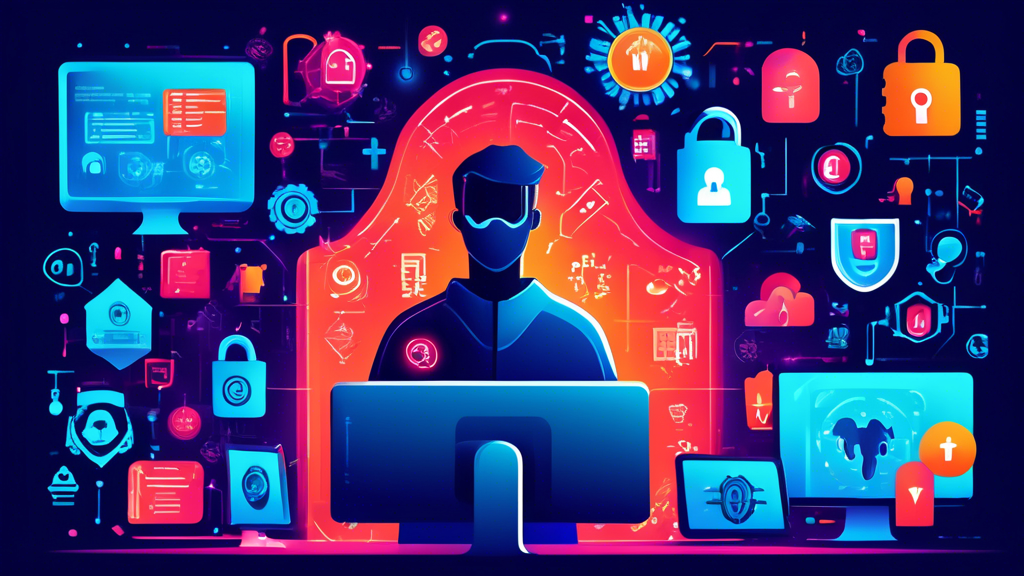 Create a vibrant digital illustration of a person at a desktop computer surrounded by various security symbols. Include icons such as padlocks, shields, antivirus software, firewalls, and encrypted data. The background should show a matrix of binary code, representing cybersecurity. The person is depicted activating security features, such as updating passwords, scanning for viruses, and checking network security.