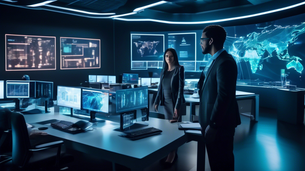 A futuristic office setting where IT professionals are enhancing cybersecurity measures. The scene features advanced computer systems, holographic displays showing real-time cyber threat analytics, and a team of diverse experts strategizing around a digital table. Emphasize elements of collaboration, state-of-the-art technology, and a focus on cyber protection. The backdrop includes charts with 'Best Practices for MSP Cyber Security 2023' in bold letters.