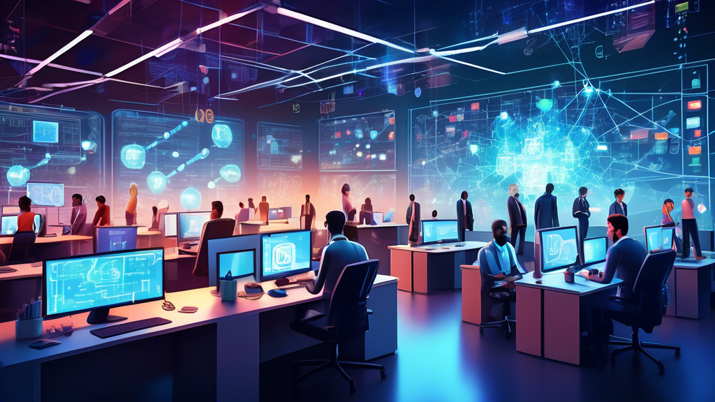 A vibrant and modern office space filled with diverse employees working efficiently at their desks, surrounded by digital shields and security icons. In the background, a large screen displays a complex network of interconnected nodes and data encryption symbols, representing robust cyber security measures. The overall scene conveys a sense of productivity, innovation, and strong protection against cyber threats.