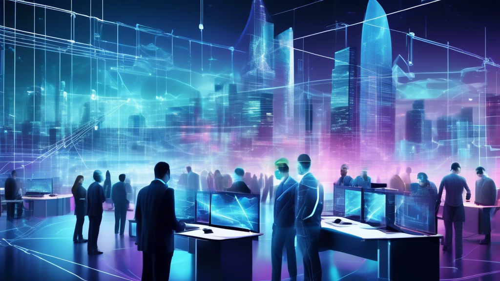 Create an image depicting a futuristic cityscape being shielded by a high-tech, digital barrier. In the foreground, showcase diverse teams of cyber security professionals working collaboratively on holographic interfaces and advanced computer systems. Include elements such as the Accenture logo subtly integrated into the background and imagery of interconnected networks, encrypted data streams, and security icons symbolizing robust digital defenses.