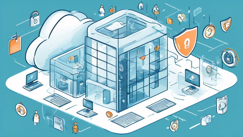 Create an image depicting a corporate office with a transparent cloud hovering above it, shielded by a digital lock and surrounded by security icons such as shields, padlocks, and checkmarks. The background showcases various business activities while highlighting the significance of cloud security services in protecting modern business operations.