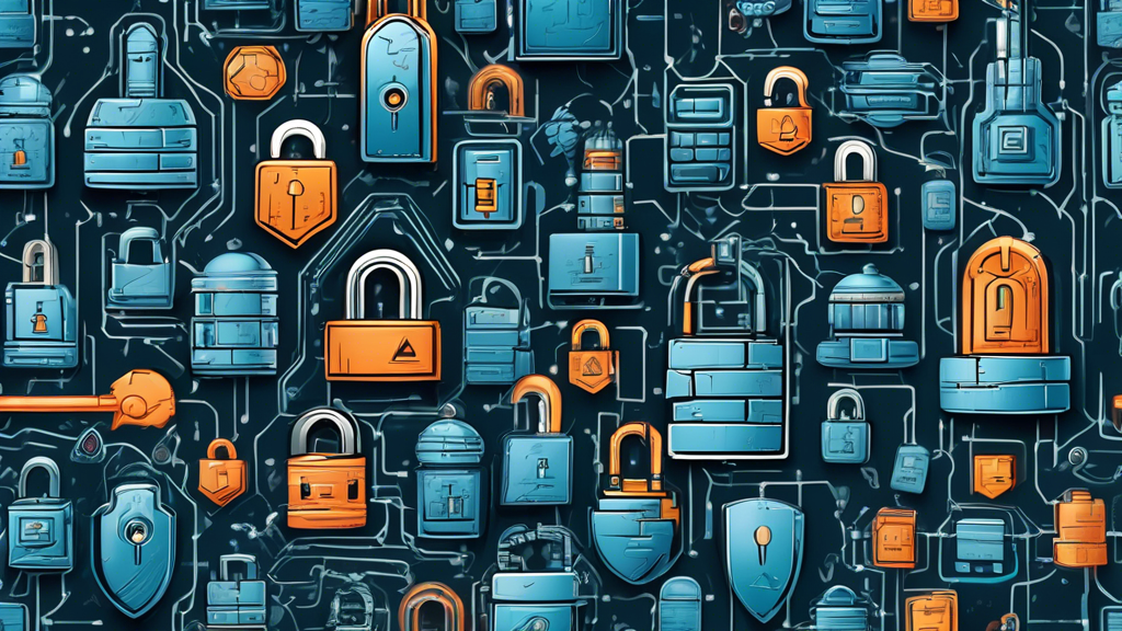 Create a detailed illustration of a high-tech fortress with digital locks, firewalls, and shields, symbolizing bulletproof cyber security. Incorporate elements like padlocks, secure servers, encrypted data streams, and vigilant cyber guards to emphasize the impenetrability and advanced defense mechanisms.