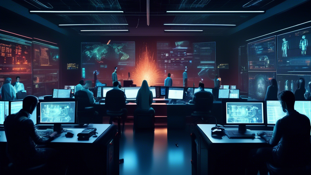 A highly detailed, futuristic computer lab with dark mode screens displaying various warning signals and alerts. In the background, shadowy figures representing hackers are trying to breach multiple layers of digital defenses. In the foreground, a diverse group of cyber security experts, both men and women, are actively engaging with advanced AI systems, firewalls, and encryption algorithms to combat the threats. The overall mood should be intense and vigilant, with neon accents highlighting the cutting-edge technology at play.