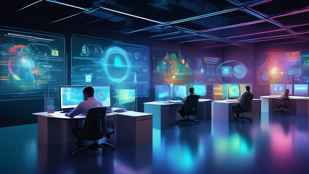 Create a digital illustration portraying the core elements of the NIST Cybersecurity Framework. Show a futuristic workplace with holographic screens displaying the five framework functions: Identify, Protect, Detect, Respond, Recover. Use vibrant colors to represent data streams and security measures. Include diverse professionals actively engaging with these holographic interfaces, exemplifying collaboration and technological adeptness in cybersecurity.