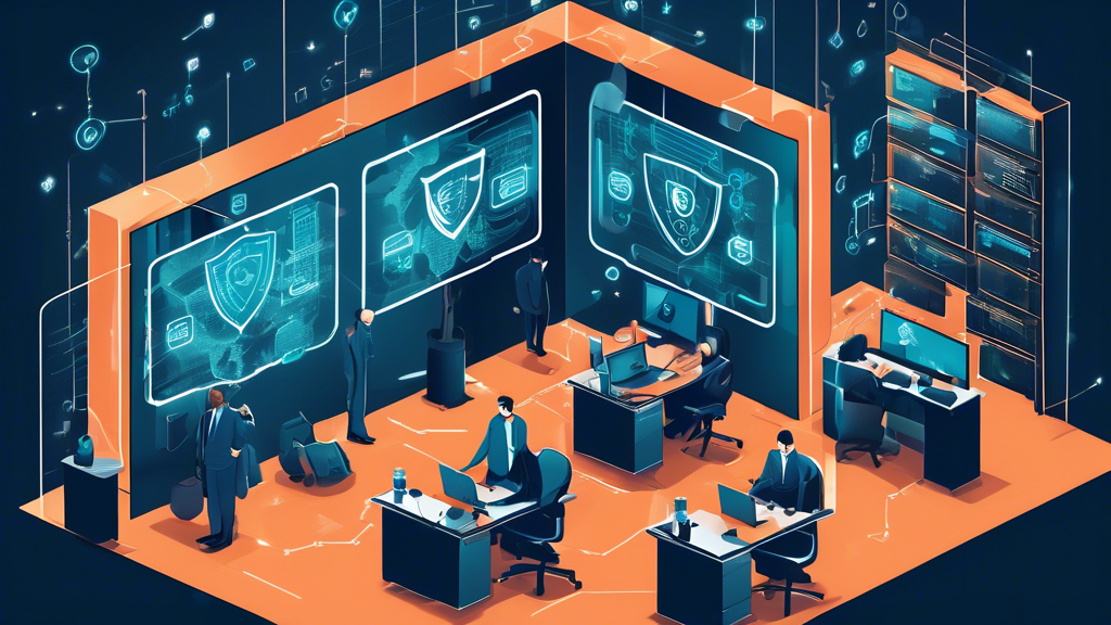 Create an image of a modern office building surrounded by a shield symbol, with digital locks and cybersecurity icons floating around it. Inside, a team of IT professionals monitors multiple screens displaying security analytics and threat detection. The overall theme should convey robust security and expert management protecting business operations.