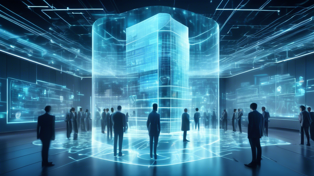 Create an image of a futuristic office building with a digital shield surrounding it, symbolizing protection. The building is bustling with holographic figures working collaboratively. Overlay this scene with holograms of computer codes and digital locks. Include the Deloitte logo subtly integrated into the holographic elements, conveying the concept of advanced cybersecurity solutions enhancing business resilience.