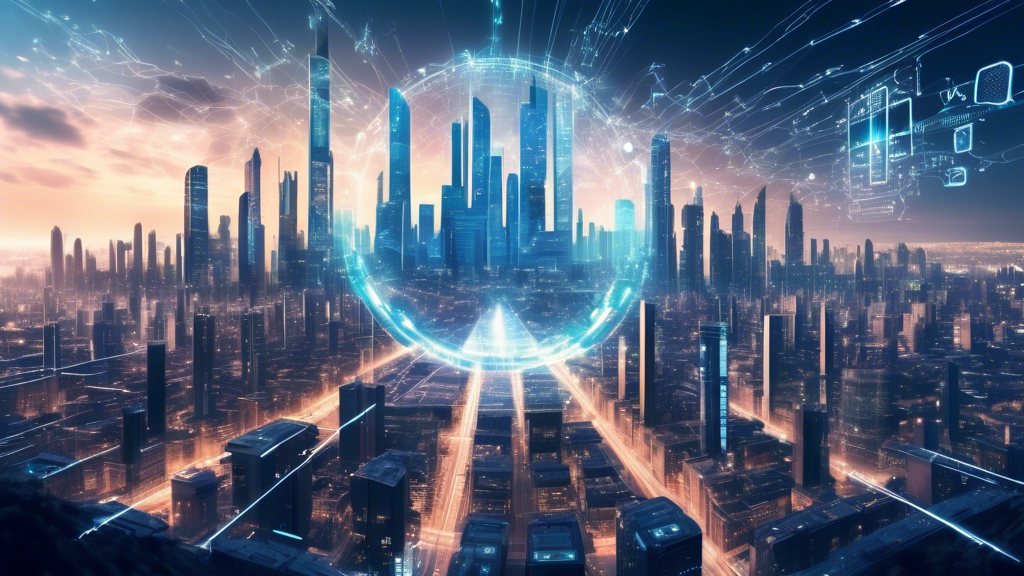 Create an image depicting a futuristic city skyline where Google's iconic logo is integrated with high-tech cybersecurity symbols. The sky is filled with digital codes and data streams connecting to various sophisticated defense mechanisms, representing the collaboration between Mandiant and Google. The scene should convey the idea of an impenetrable digital fortress, highlighting advanced technology and innovation in cybersecurity. Include visual elements of AI, cloud technology, and interconnected networks to emphasize the theme of fortified digital security.