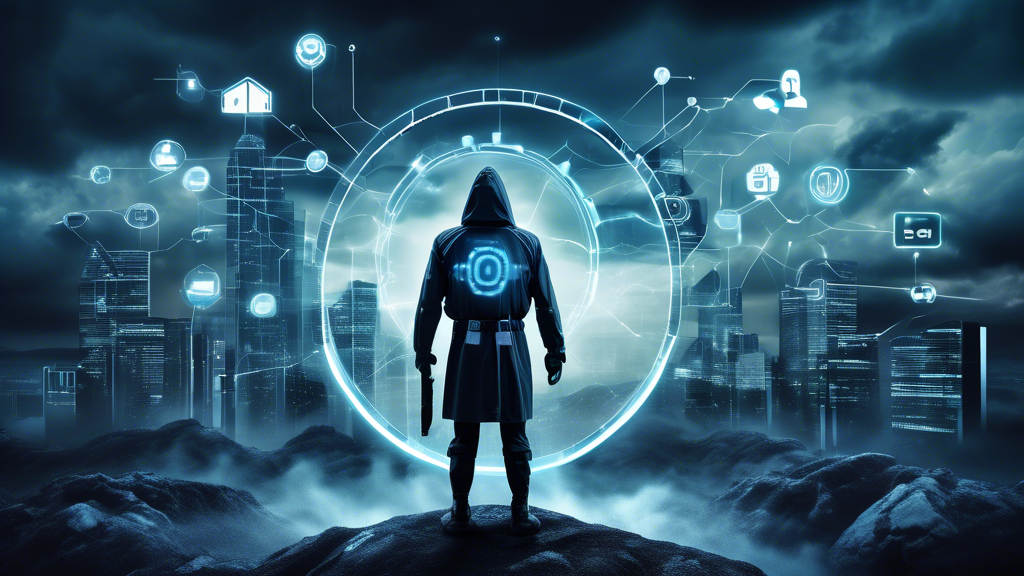 Create an image depicting a digital landscape with ominous dark clouds labeled with various 2022 cybersecurity threats like Ransomware, Phishing, IoT Vulnerabilities, Supply Chain Attacks, and Deepfakes. In the foreground, a vigilant, futuristic guardian figure stands, armed with a shield and tools symbolizing protection and awareness (like a magnifying glass or lock), ready to combat these threats. The backdrop should feature a network of interconnected devices, representing the digital world at risk.