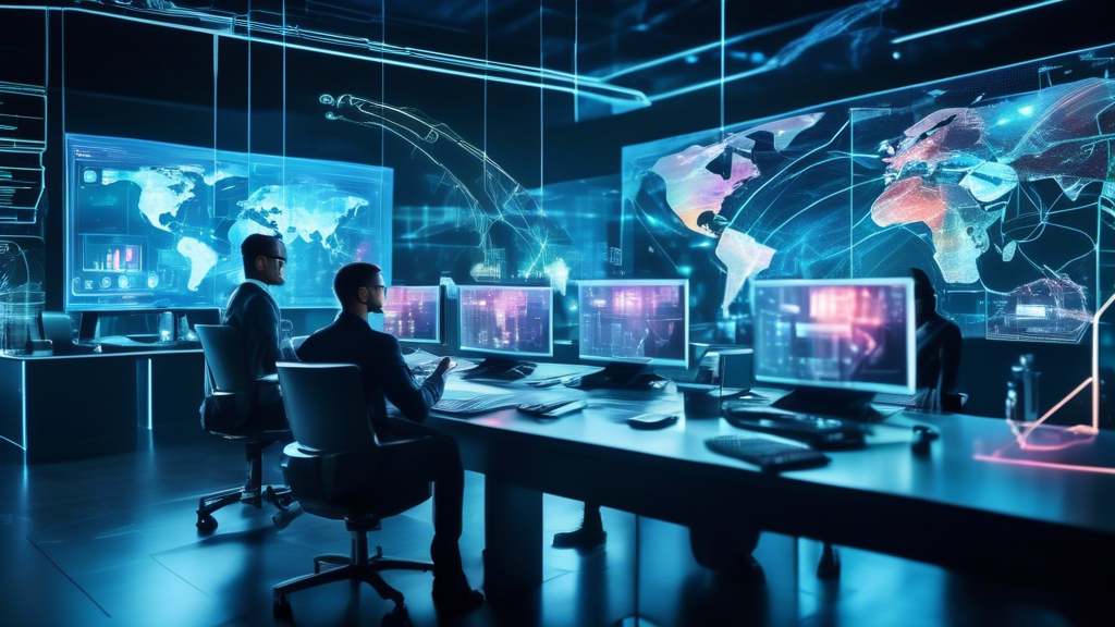 Create an image showcasing a futuristic office setting where a diverse team of cyber security consultants are analyzing data on multiple holographic screens. The room is filled with cutting-edge technology, and one team member is pointing at a digital globe highlighting global cyber threats, while another is typing rapidly on a virtual keyboard. The atmosphere should be dynamic and focused, emphasizing the importance of protecting businesses from cyber threats.