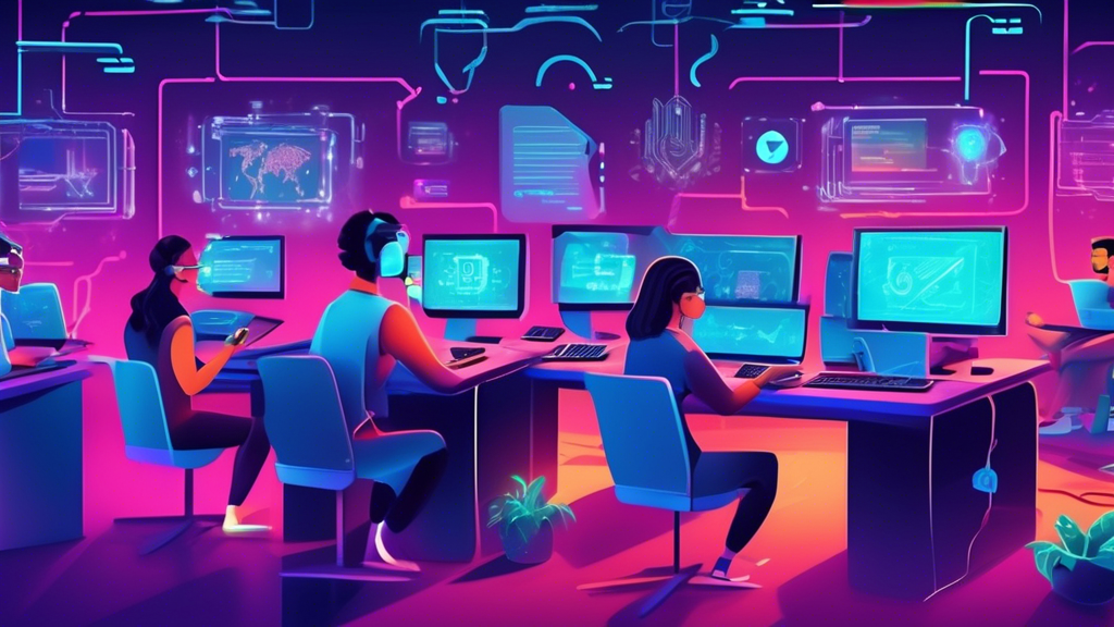 Create a vibrant and futuristic illustration of a diverse group of students sitting at computers, engaging in an online cybersecurity course via the edX platform. The scene should depict various elements of digital security, such as code snippets, firewall imagery, and holographic locks, floating around to symbolize the theme of cybersecurity. The background should be a modern, digital classroom setting with futuristic virtual interfaces, showcasing an inclusive and collaborative learning environment.