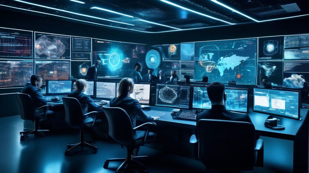 Create an image depicting a futuristic control room with a diverse team of cybersecurity experts actively monitoring multiple screens displaying data breaches and cybersecurity threats. The room is filled with advanced technology and glowing holographic displays showing real-time incident response strategies to protect a virtual cityscape, symbolizing the safeguarding of businesses. The team is focused and collaborating, conveying a sense of urgency and innovation in tackling cyber threats.